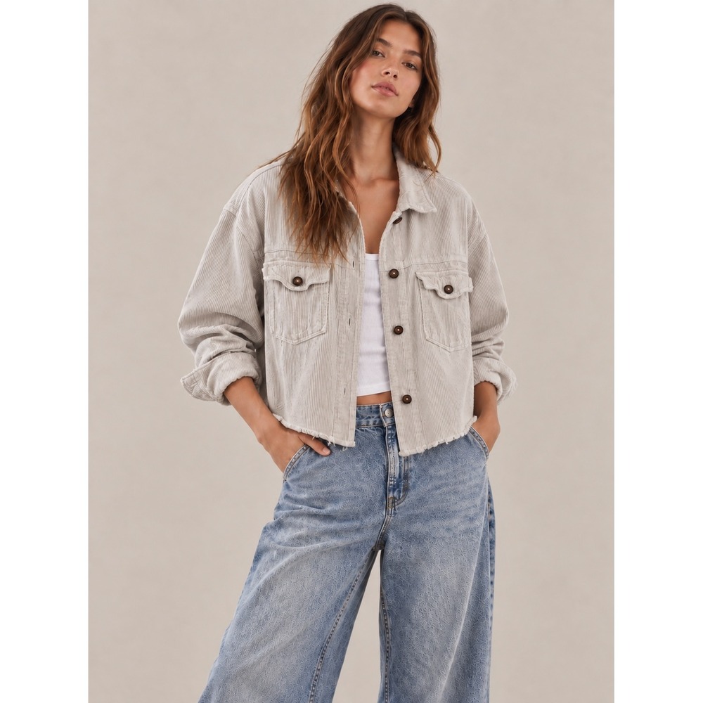 Zara Shacket Sz S Oversized Light Grey Corduroy Raw Hem Utility Jacket